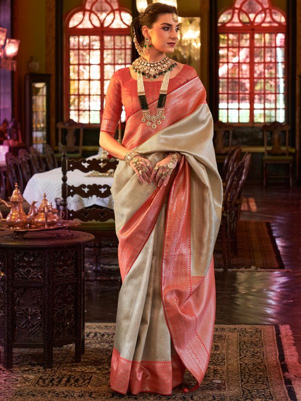 Beige Woven Festive Saree In Silk