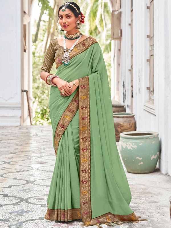 Green Festive Sari With Woven Blouse
