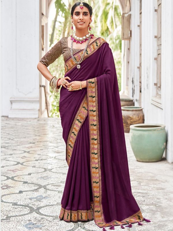 Purple Woven Border Sari In Art Silk