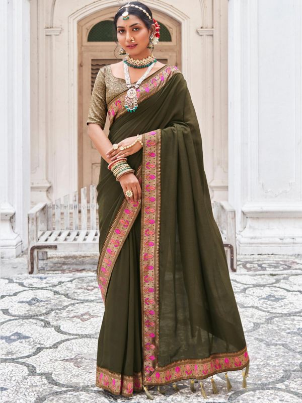 Green Woven Bordered Sari In Art Silk