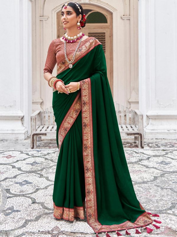 Green Art Silk Saree With Woven Borders