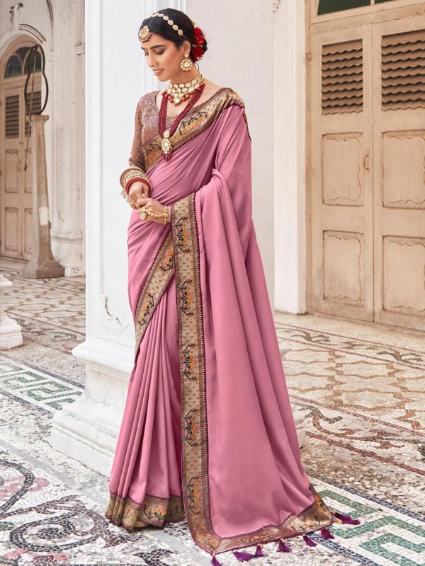 Pink Art Silk Saree With Woven Borders
