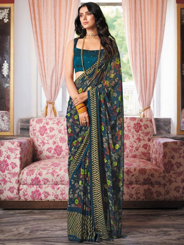 Blue Floral Party Wear Saree In Georgette