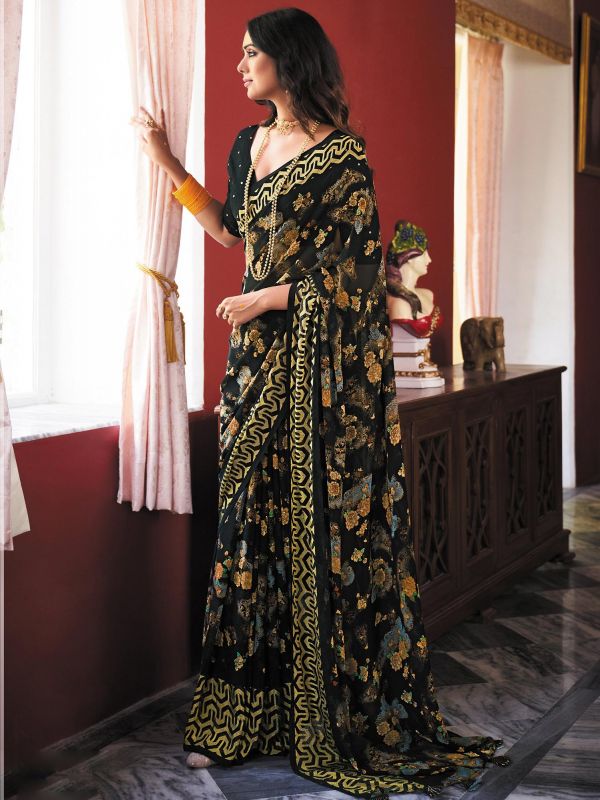 Black Party Wear Saree With Floral Prints