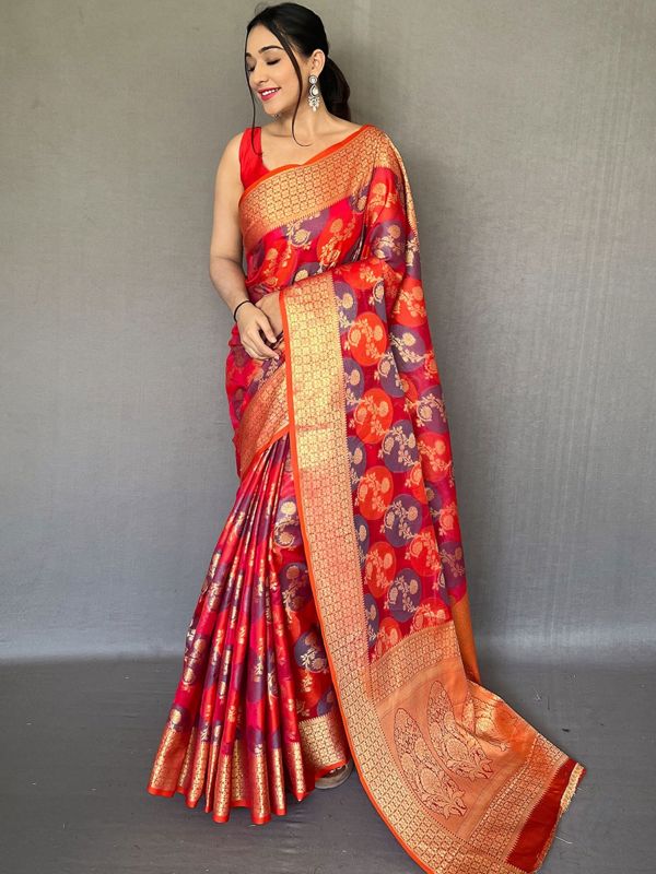 Red Festive Organza Sari With Weaves