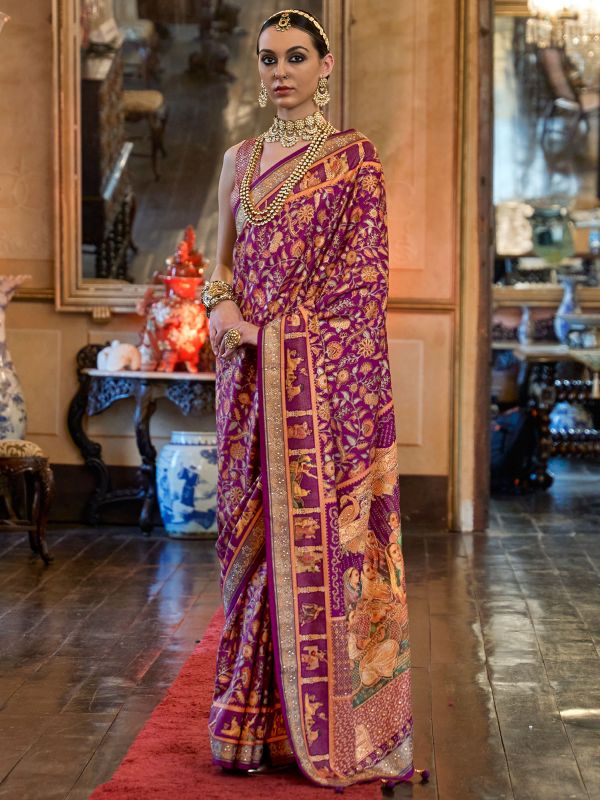 Magenta Traditional Floral Saree In Silk