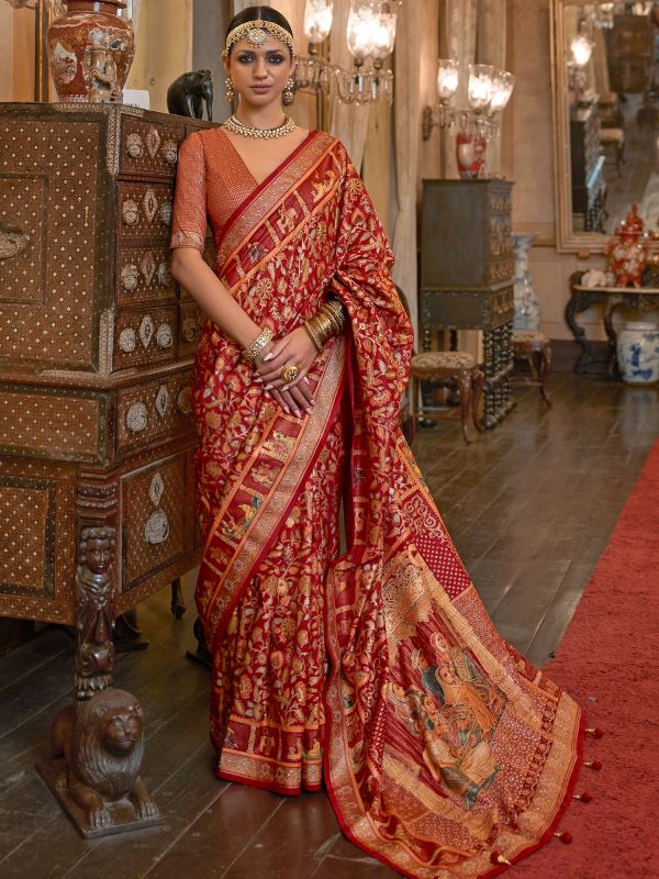 Red Bridal Silk Saree With Patola Prints