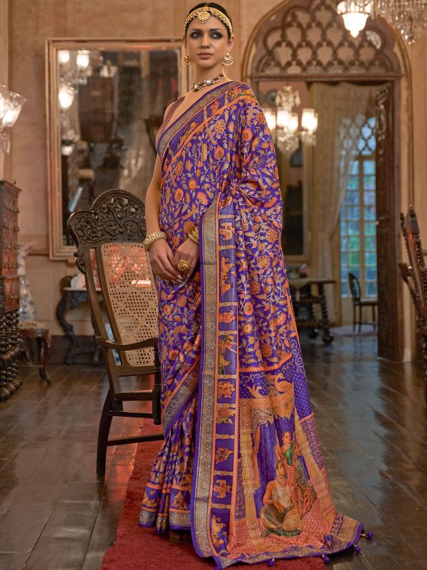 Purple Printed Traditional Saree In Silk