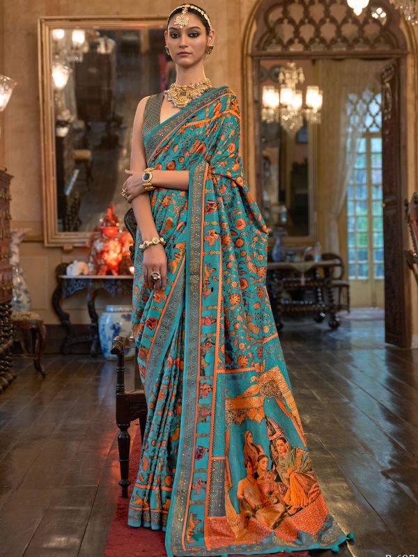 Blue Patola Printed Traditional Sari In Silk
