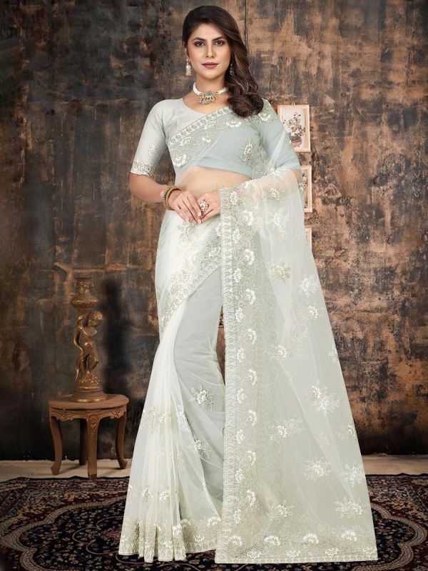 Grey Embroidered Festive Sari In Net