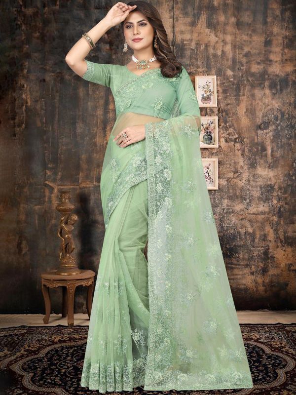 Green Thread Embroidered Sari In Net