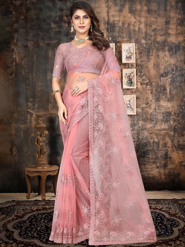 Pink Embroidered Bordered Saree In Net