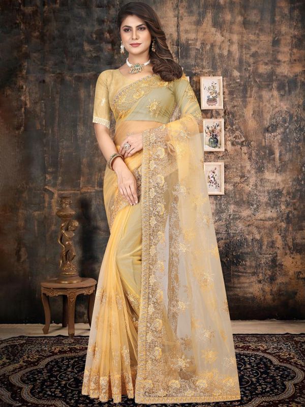 Yellow Embroidered Net Sari With Blouse