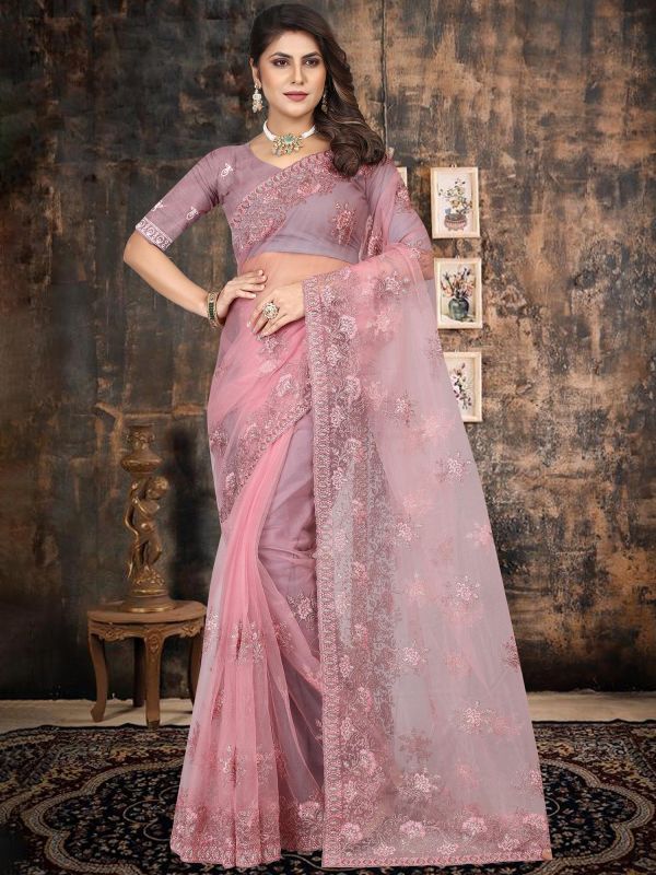 Purple Embroidered Net Saree With Blouse