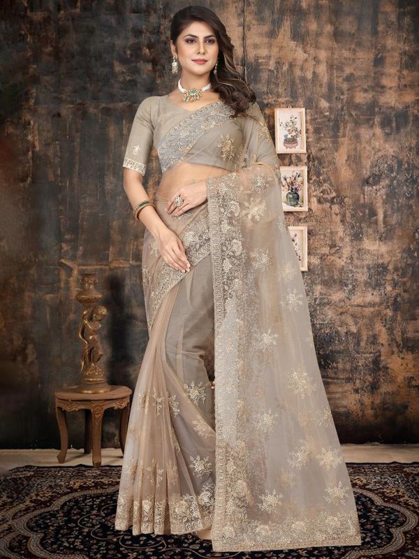 Grey Thread Embroidered Sari In Net