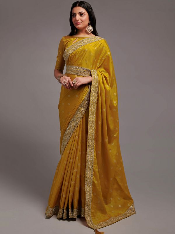 Yellow Festive Crepe Saree With Embroidered Border