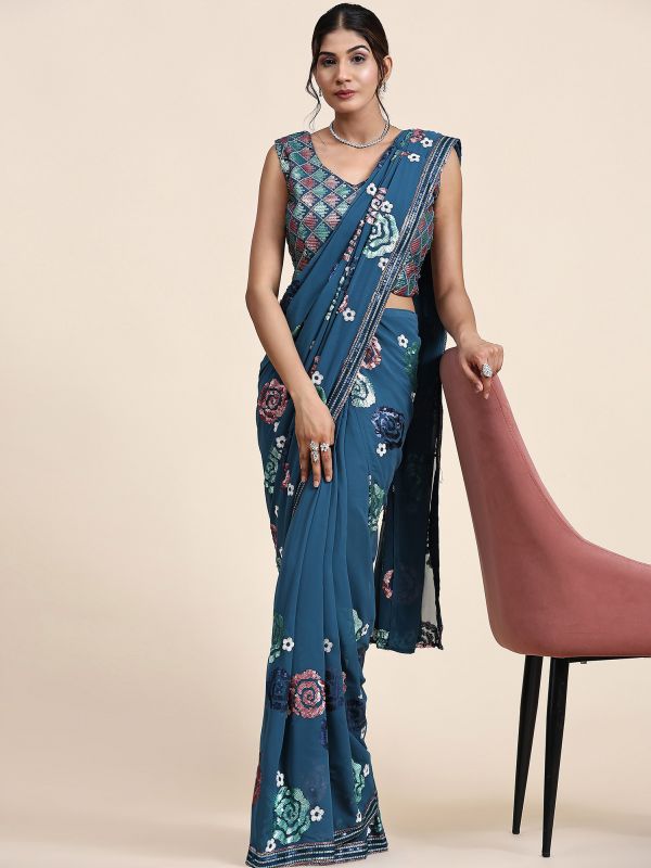 Blue Sequins Work Saree In Pre-Stitched Style