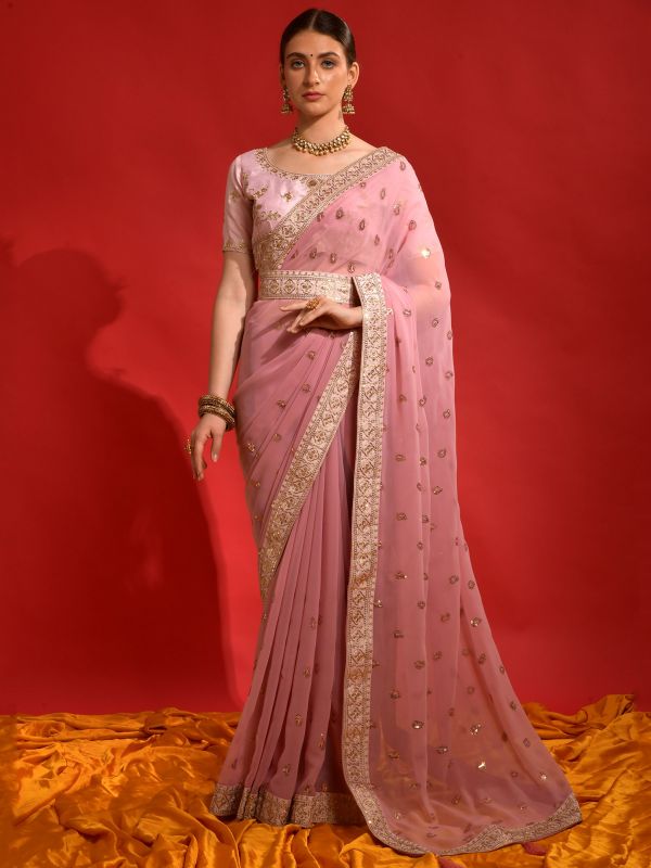 Pink Party Wear Georgette Sari With Embroidery
