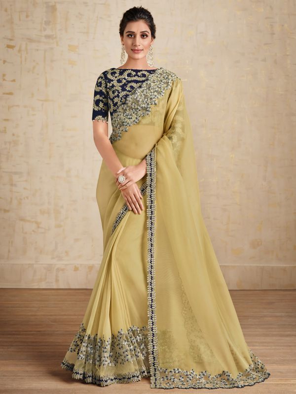 Yellow Party Wear Organza Sari With Embellished Blouse