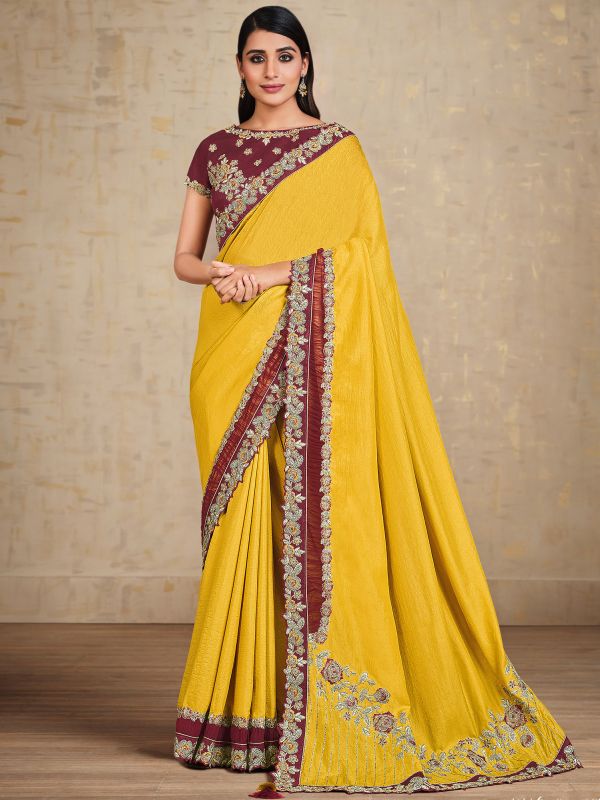 Yellow Festive Embroidered Saree In Tussar Silk