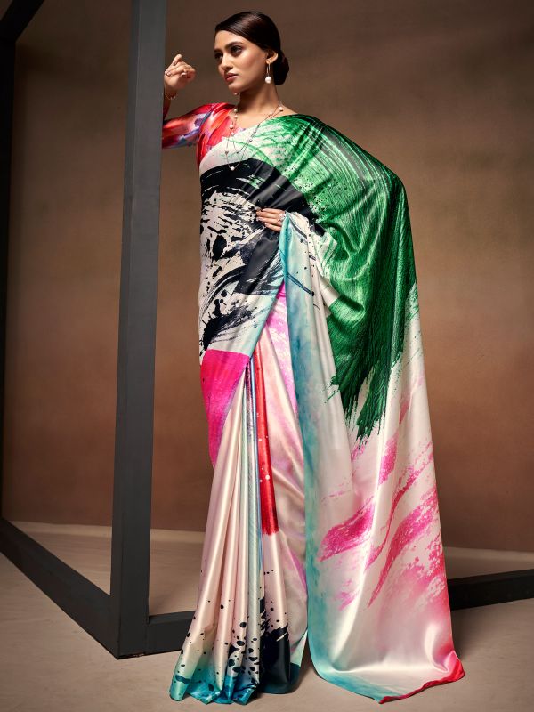 Multicolor Satin Sari With Digital Prints