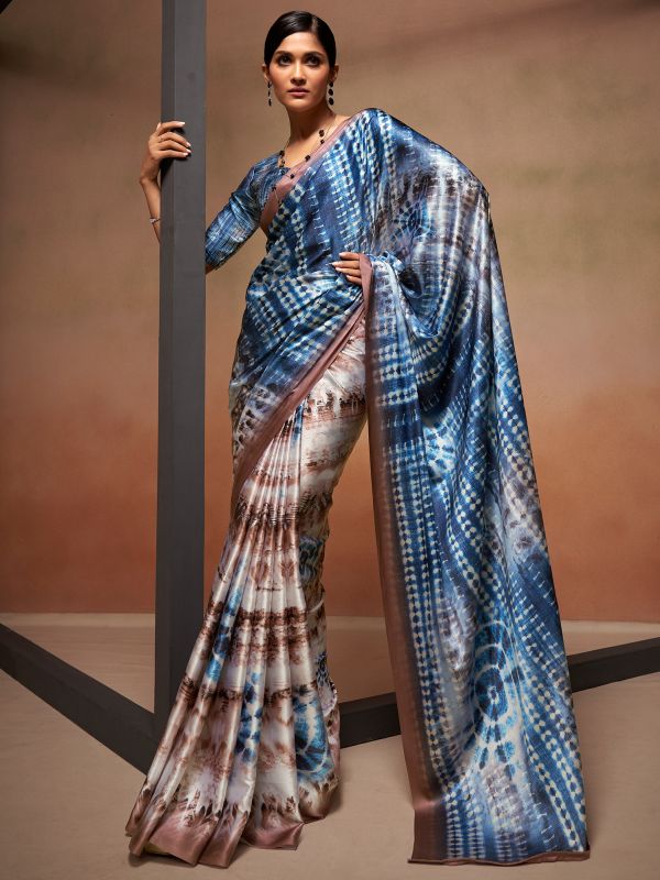 Blue And Brown Printed Sari In Satin