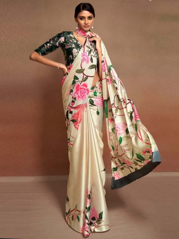 Cream Party Wear Sari With Floral Prints