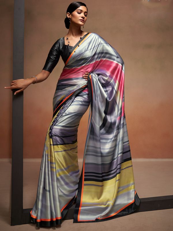 Multicolor Party Wear Satin Sari With Prints