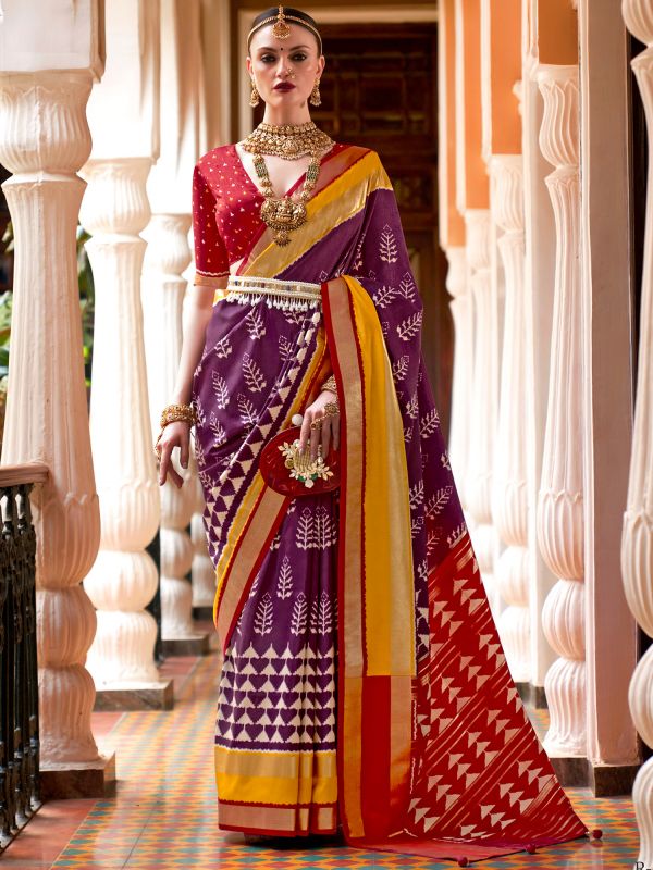 Purple Patola Printed Saree In Silk