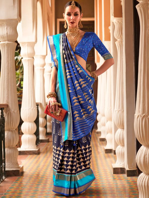 Blue Traditional Sari With Patola Prints