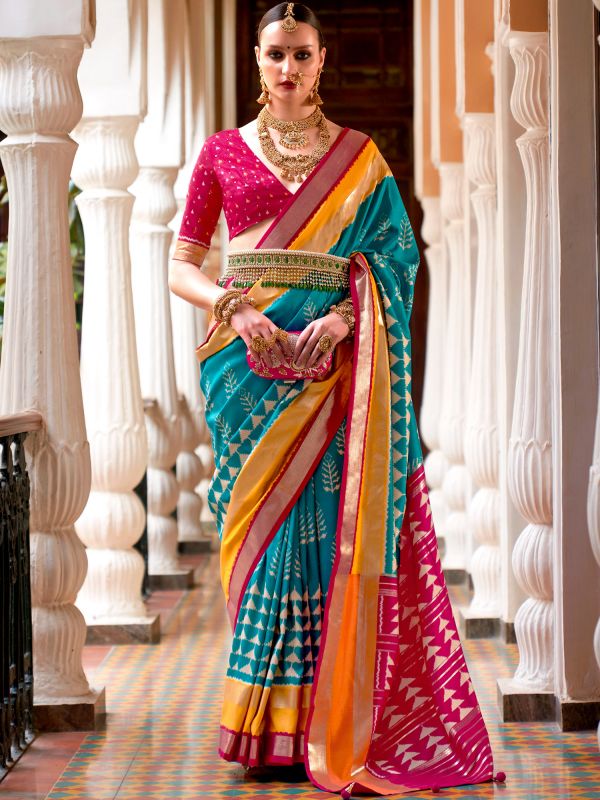 Blue Patola Printed Traditional Sari In Silk