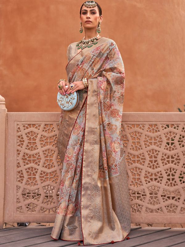 Blue Wedding Wear Organza Sari With Prints
