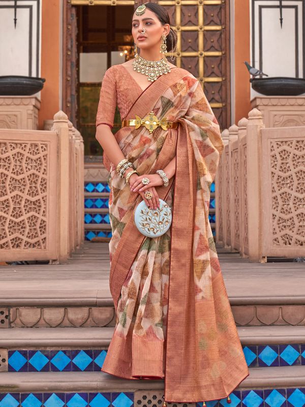 Cream Festive Organza Sari With Weaves
