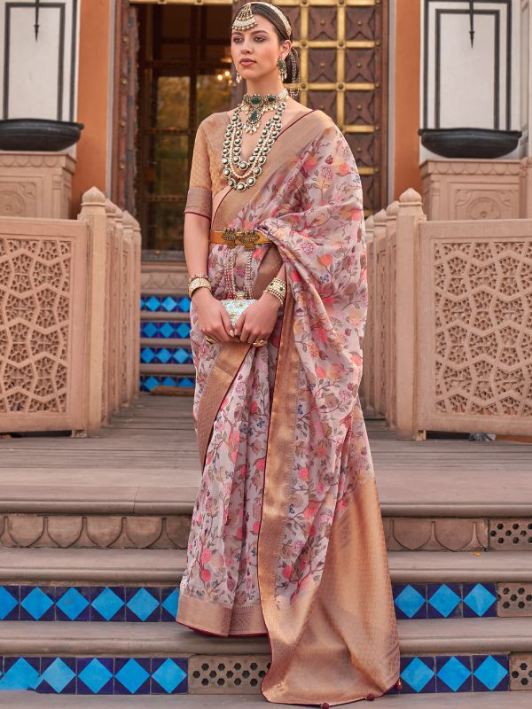 Off White Floral Printed Saree In Organza