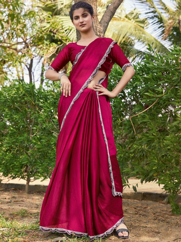 Red Chiffon Stone Work Style Saree With Blouse