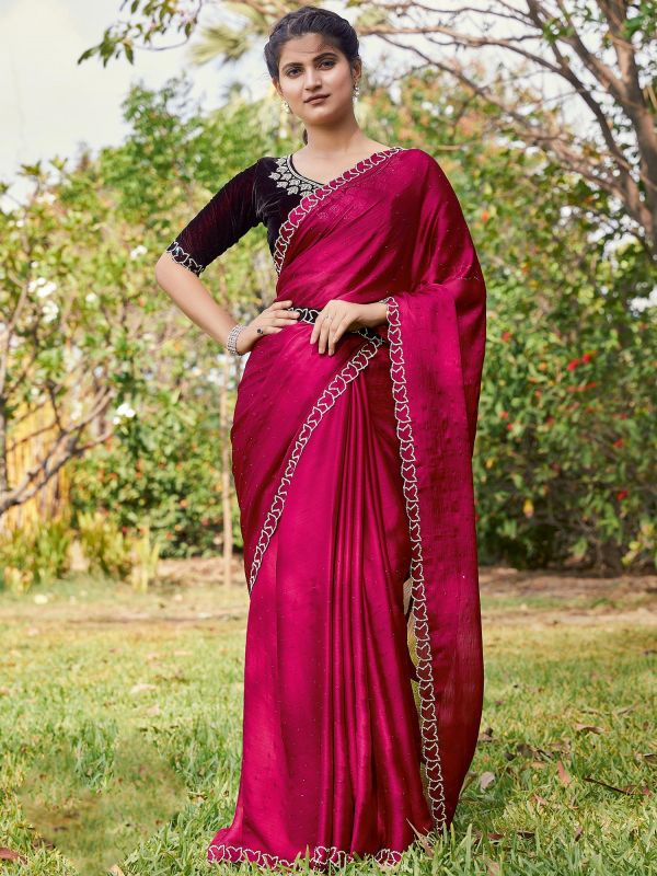 Pink Color Stone Work Saree With Blouse
