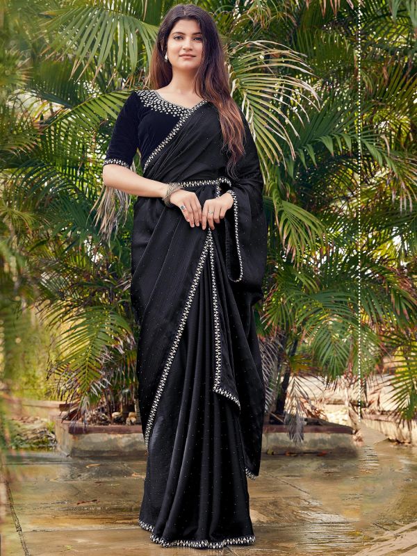 Black Chiffon Party Wear Saree With Blouse 