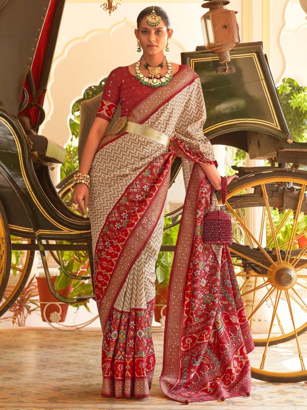 Red And White Traditional Sari In Silk