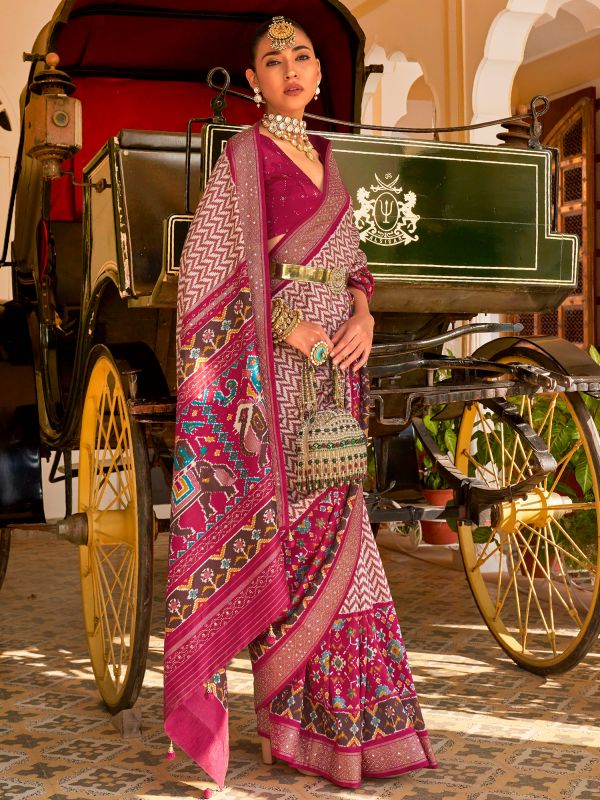 Pink And White Patola Printed Sari In Silk