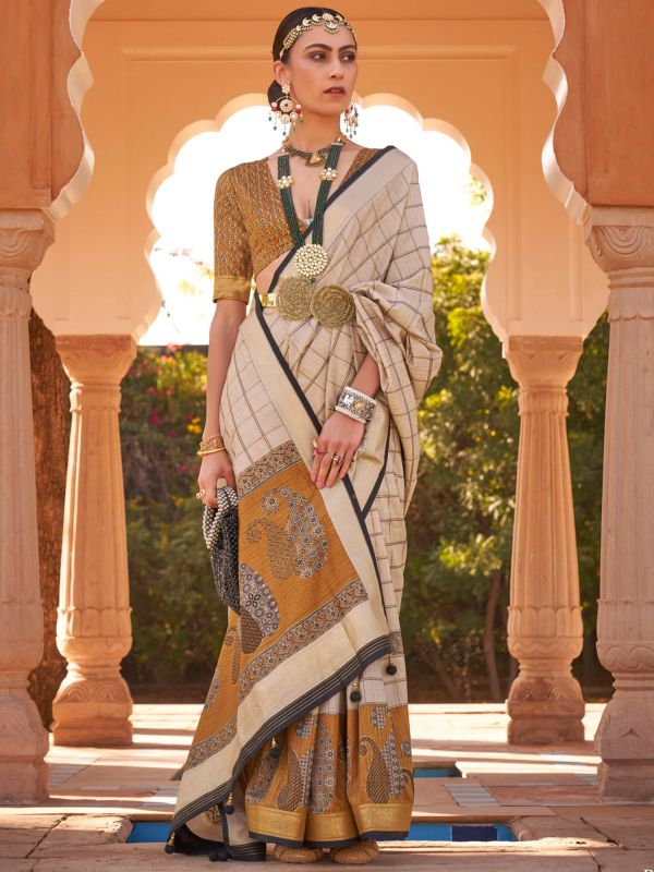 Beige Color Printed  Saree In Art Silk