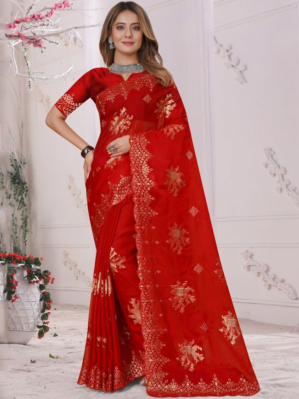 Red Sequined Organza Saree With Blouse