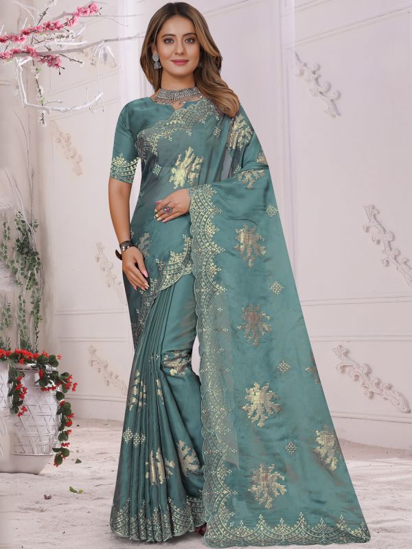 Blue Organza Saree In Sequined Style
