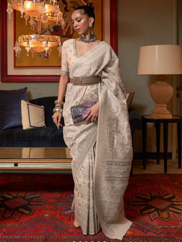 Cream Party Wear Saree With Woven Work
