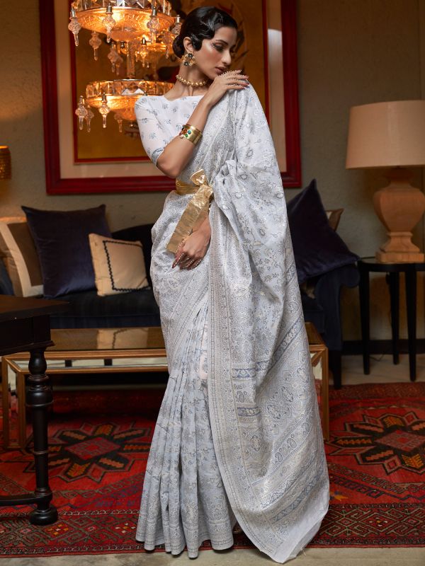 White Weaves Silk Saree With Blouse