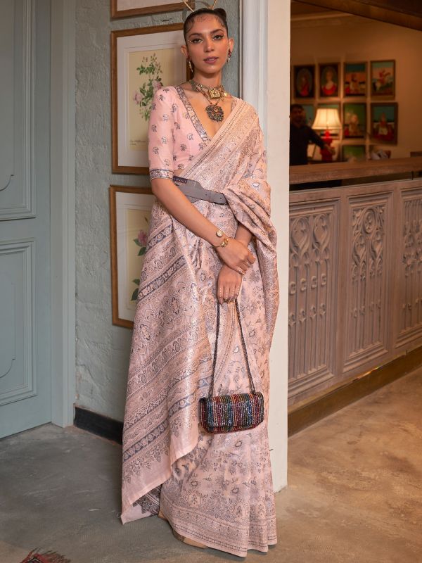 Beige Embroidered Silk Saree With Weaving
