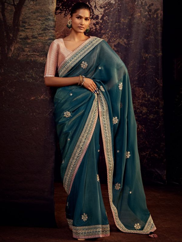 Blue Organza Saree With Embroidered Work