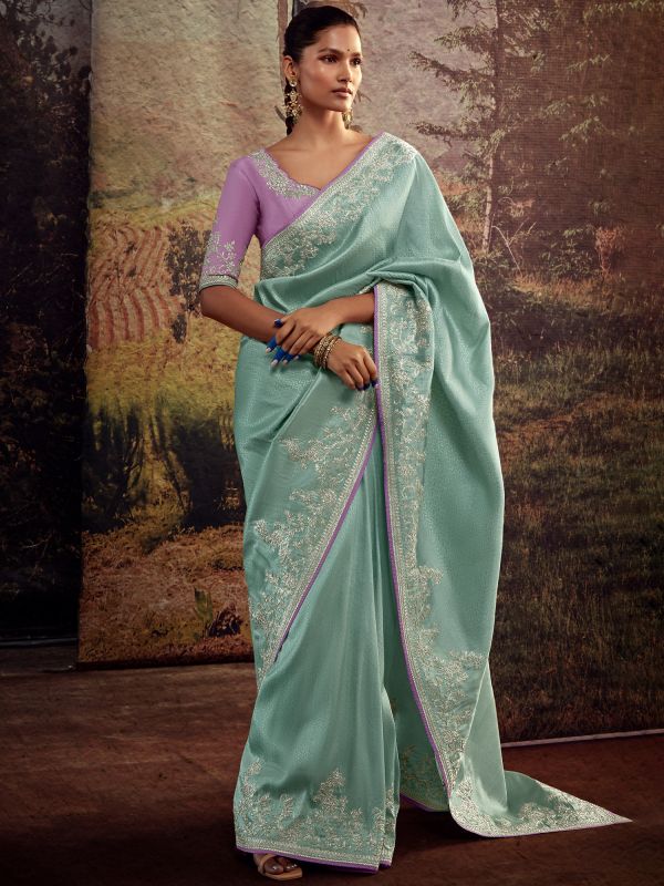 Blue Silk Saree With Embroidered Blouse