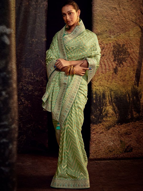 Green Silk Saree With Embroidered Blouse