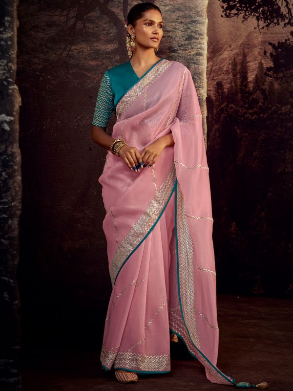 Pink Organza Stone Embellished Saree With Blouse
