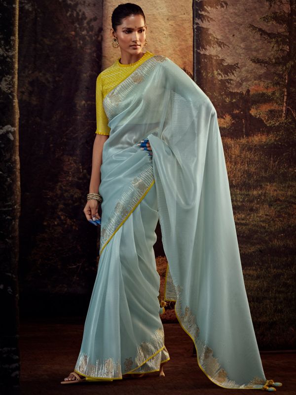 Blue Organza Stone Embellished Saree With Blouse
